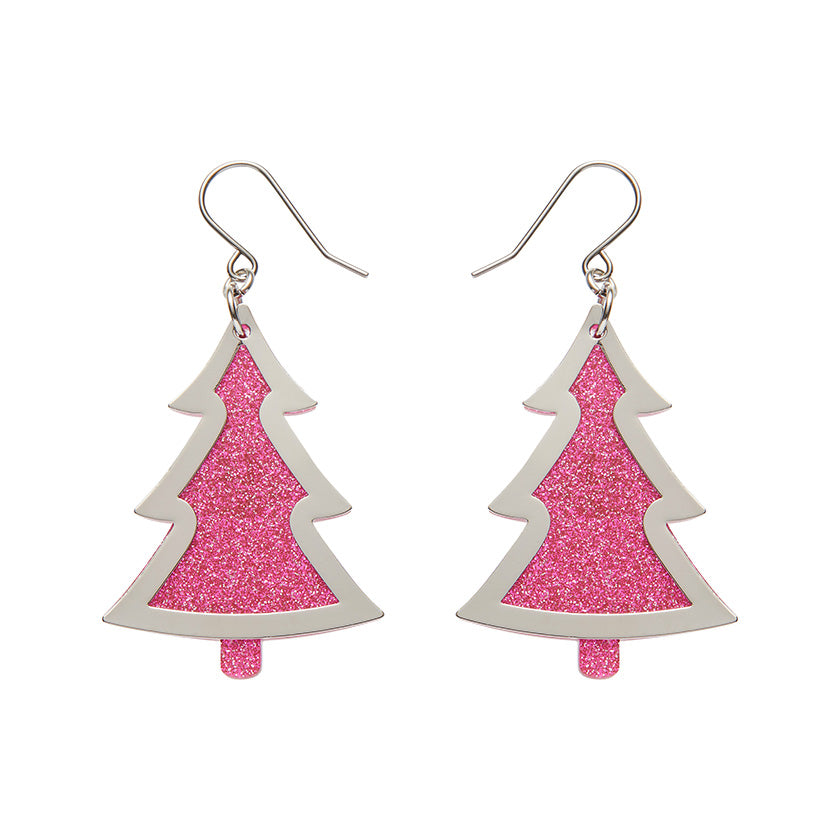 Pink Christmas Tree Drop Earrings - Silver