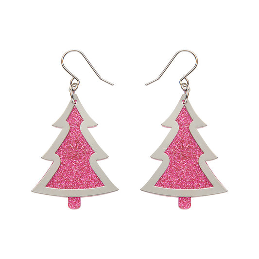 Pink Christmas Tree Drop Earrings - Silver