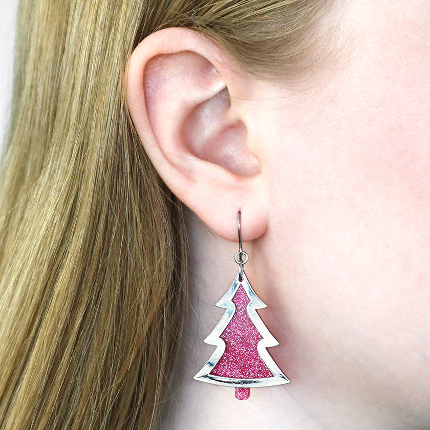 Pink Christmas Tree Drop Earrings - Silver