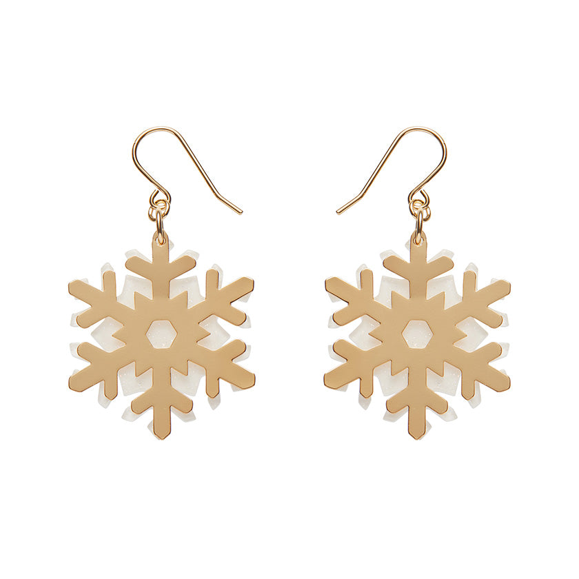 White Snowflake Drop Earrings - Gold