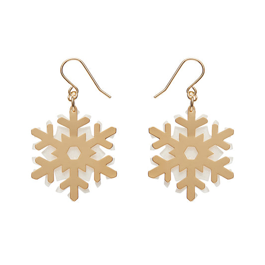 White Snowflake Drop Earrings - Gold