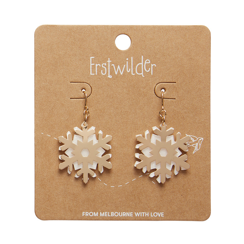 White Snowflake Drop Earrings - Gold