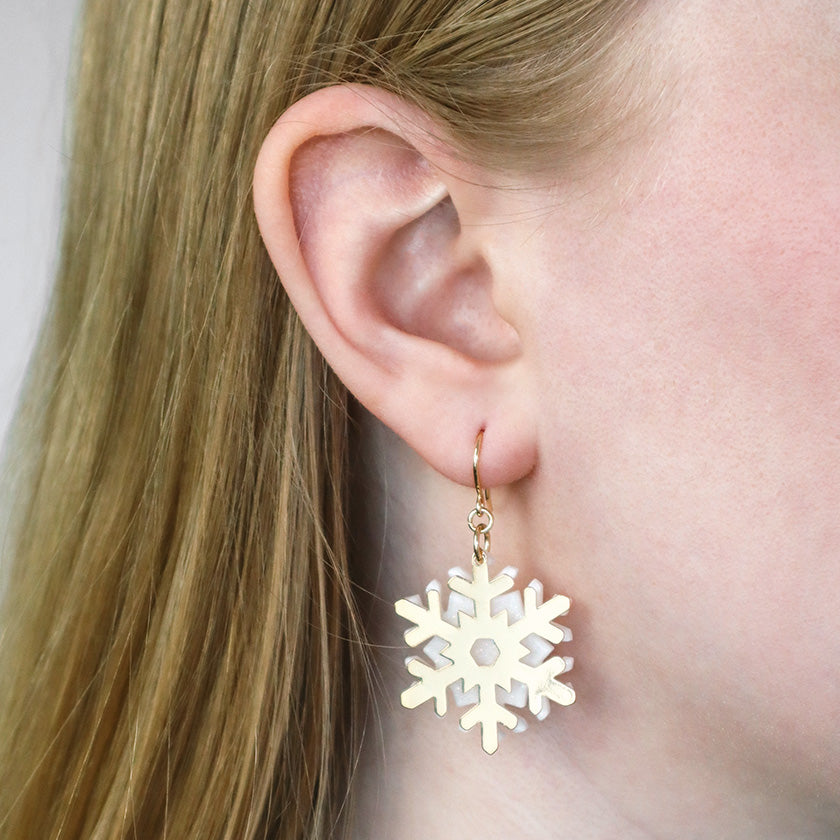 White Snowflake Drop Earrings - Gold